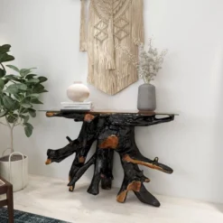 Contemporary Teak Wood Console Table Gold - Olivia & May -HOMCOM Store GUEST 01638a58 5f90 41cb bb04 6887273e764c