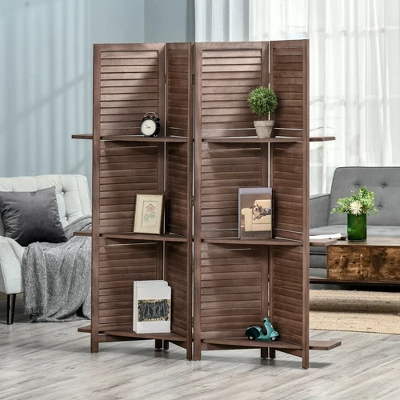 HOMCOM 4-Panel Folding Room Divider, 5.6 Ft Freestanding Paulownia Wood Privacy Screen Panel With Storage Shelves For Bedroom Or Office 4 HOMCOM 4-Panel Folding Room Divider, 5.6 Ft Freestanding Paulownia Wood Privacy Screen Panel With Storage Shelves For Bedroom Or Office - Image 2