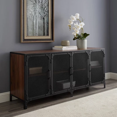 Urban Industrial Metal Mesh 4 Door TV Stand For TVs Up To 65" Dark Walnut - Saracina Home 4 Urban Industrial Metal Mesh 4 Door TV Stand For TVs Up To 65" Dark Walnut - Saracina Home - Image 2