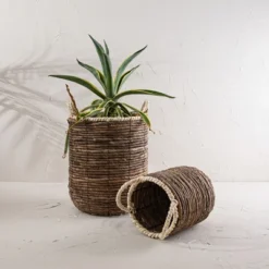 Set Of 2 Wrapped Rim Baskets Banana Leaf, Corn Husk & Metal - Foreside Home & Garden