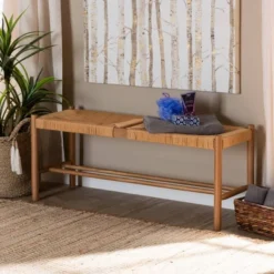 Saura Oak Wood Hemp Dining Bench Brown - Baxton Studio
