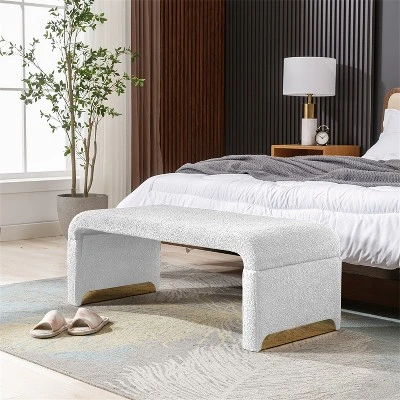 Lily 43.31" Faux Shearling Fabric Look Upholstered Waterfall Bench With Gold Metal Legs-Maison Boucle 11 Lily 43.31" Faux Shearling Fabric Look Upholstered Waterfall Bench With Gold Metal Legs-Maison Boucle - Image 9