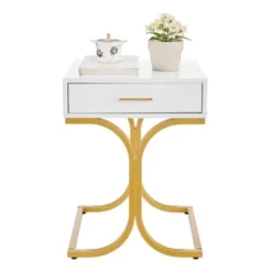 17.75" Rectangular Modern Glam Side Table With Drawer White/Gold - Danya B. -HOMCOM Store GUEST 1fa23508 671a 41a3 885c e74c9457eb83
