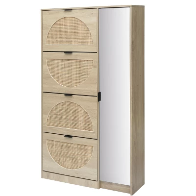 Arina 63.9'' H X 37'' W X 9.45'' D Farmhouse Natural Rattan Shoe Cabinet For 16 Pairs Design Mirror With 4 Flip Down Drawers - The Pop Maison 5 Arina 63.9'' H X 37'' W X 9.45'' D Farmhouse Natural Rattan Shoe Cabinet For 16 Pairs Design Mirror With 4 Flip Down Drawers - The Pop Maison - Image 3