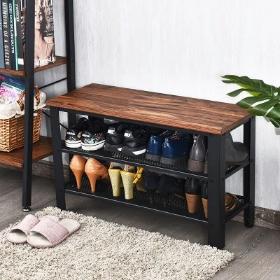 3-Tier Shoe Rack,Industrial Shoe Bench With Storage Shelves For LivingRoom Brown 5 3-Tier Shoe Rack,Industrial Shoe Bench With Storage Shelves For LivingRoom Brown - Image 3