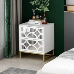 Averina 2 Drawers 45° Splicing White Mirror Front Nightstand With Storage -The Pop Home