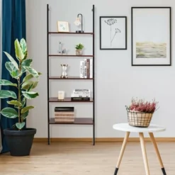 Costway 5-Tier Ladder Shelf Wood Wall Mounted Display Bookshelf Metal Frame Brown & Black/Brown & White/Bronze -HOMCOM Store GUEST 325da826 93b4 4b53 a042 22c0d8de1cac