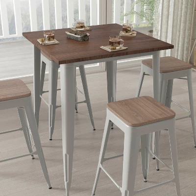 Merrick Lane 5 Piece Bar Table And Stools Set With 31.5" Square Silver Metal Table With Wood Top And 4 Matching Bar Stools 4 Merrick Lane 5 Piece Bar Table And Stools Set With 31.5" Square Silver Metal Table With Wood Top And 4 Matching Bar Stools - Image 2