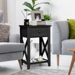 Costway 2 PCS Nightstand Sofa Side End Table W/ Drawer & Shelf Bedroom Black -HOMCOM Store GUEST 3df1e16a 28c4 412d a934 1c7203d5c77e