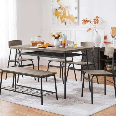 Yaheetech Farmhouse Space-Saving 6 Piece Dining Table Set With 2 Storage Racks For Kitchen 3 Yaheetech Farmhouse Space-Saving 6 Piece Dining Table Set With 2 Storage Racks For Kitchen