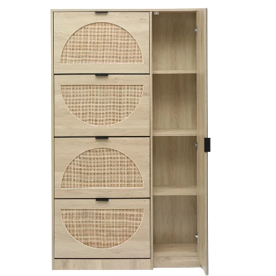 Arina 63.9'' H X 37'' W X 9.45'' D Farmhouse Natural Rattan Shoe Cabinet For 16 Pairs Design Mirror With 4 Flip Down Drawers - The Pop Maison 6 Arina 63.9'' H X 37'' W X 9.45'' D Farmhouse Natural Rattan Shoe Cabinet For 16 Pairs Design Mirror With 4 Flip Down Drawers - The Pop Maison - Image 4