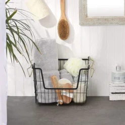 DII Design Imports Metal Wire Mesh Stackable Utility Storage Bin With Swinging Handles For Kitchens, Offices, And Living Rooms, Medium, Black & Gold -HOMCOM Store GUEST 44d3d5df 1daf 4eb4 b299 0d57d00da705