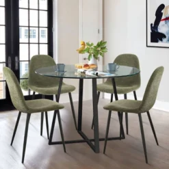 Hana + Spoon 5-Piece Round Clear Glass Dining Table Set With 4 Upholstered Chairs Black Legs For Home Kitchen Restaurant -The Pop Maison -HOMCOM Store GUEST 4533a0d7 b53f 4a6d 9482 249426521e83