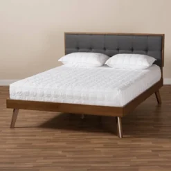 Alke Fabric Upholstered Walnut Finished Platform Bed - Baxton Studio -HOMCOM Store GUEST 47e76c57 b5df 4466 a871 56865680562c