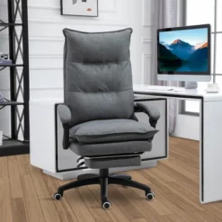 Vinsetto 360° Swivel Executive Home Office Chair Adjustable Height Linen Style Fabric Recliner With Retractable Footrest And Double Padding, Gray