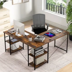 Tangkula Large L-shaped Computer Desk 60โ Convertible Corner Desk With 4 Storage Shelves 95โ 2-Person Long Study Writing Workstation Black/Rustic Brown/Natural/Grey