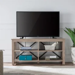 50" Open Back TV Stand In Gray Oak Wood With Metal Black Accents - Henn&Hart 11 50" Open Back TV Stand In Gray Oak Wood With Metal Black Accents - Henn&Hart -HOMCOM Store GUEST 52f44411 2d84 4a0c 98a9 90d673157811