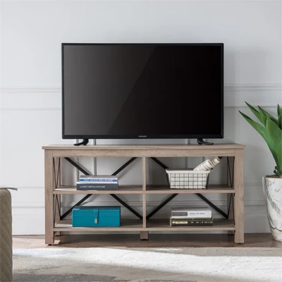 50" Open Back TV Stand In Gray Oak Wood With Metal Black Accents - Henn&Hart 5 50" Open Back TV Stand In Gray Oak Wood With Metal Black Accents - Henn&Hart - Image 3
