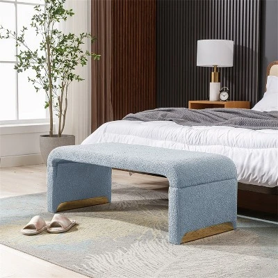 Lily 43.31" Faux Shearling Fabric Look Upholstered Waterfall Bench With Gold Metal Legs-Maison Boucle 13 Lily 43.31" Faux Shearling Fabric Look Upholstered Waterfall Bench With Gold Metal Legs-Maison Boucle - Image 11