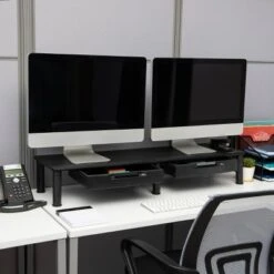 Mind Reader Large Dual Monitor Stand With Storage Riser Black