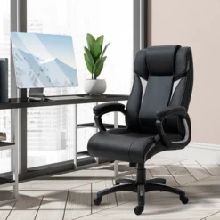 Vinsetto PU Leather Executive Office Chair With Padded Armrests, Adjustable Height Computer Desk Chair With Swivel Wheels, Rocking Feature, Black