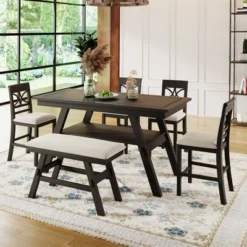Rustic 6-Piece Wood Counter Height Dining Table Set With Storage Shelf, 4 Chairs And Bench-ModernLuxe -HOMCOM Store GUEST 60383f09 1d7a 42cd aa36 8d22502eb16c