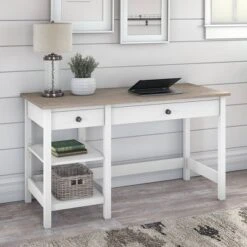 54W Mayfield Computer Desk With Shelves Shiplap Gray/Pure White - Bush Furniture