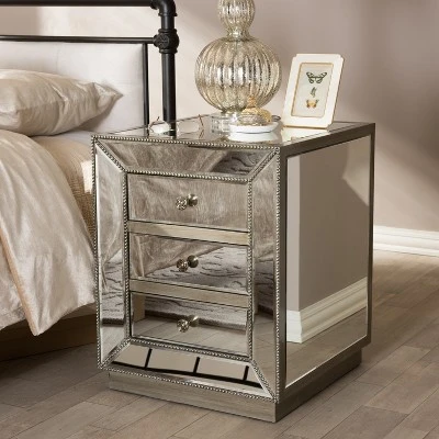 Currin Contemporary Mirror 3 Drawer Nightstand Silver - Baxton Studio 7 Currin Contemporary Mirror 3 Drawer Nightstand Silver - Baxton Studio - Image 5