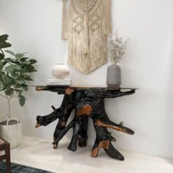 Contemporary Teak Wood Console Table Gold - Olivia & May -HOMCOM Store GUEST 6a989433 c027 4af8 8bb2 8bec83a16fca