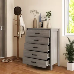 Costway Modern 5 Drawer Chest Storage Dresser Cabinet With Metal Handles Grey Oak -HOMCOM Store GUEST 6bcd0abd 168b 4e49 849d 0d827456efd7