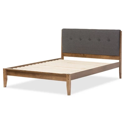Leyton Mid-Century Modern Fabric Upholstered Platform Bed Gray/Walnut Brown - Baxton Studio 4 Leyton Mid-Century Modern Fabric Upholstered Platform Bed Gray/Walnut Brown - Baxton Studio - Image 2