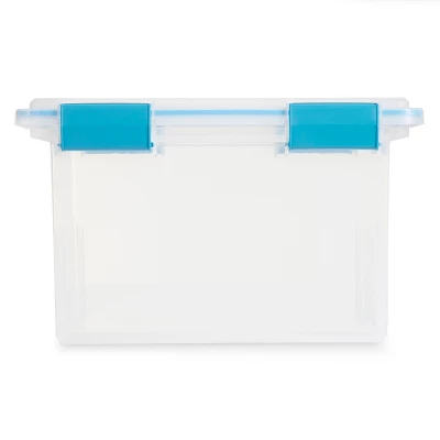 Sterilite 32 Quart Stackable Clear Plastic Storage Tote Container With Blue Gasket Latching Lid For Home And Office Organization, Clear 4 Sterilite 32 Quart Stackable Clear Plastic Storage Tote Container With Blue Gasket Latching Lid For Home And Office Organization, Clear - Image 2