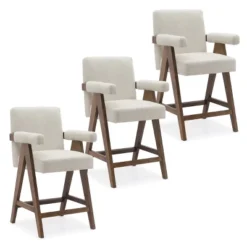 Set Of 3 Morgan 25.5" Height Upholstered Seat And Back Counter Stools With Upside Down "V" Shape Design Solid Wood Legs-The Pop Maison