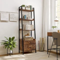 Fabato Bookshelf Bookcase W/Ladder Shelves, Metal Frame, & 2 Organizing Drawers For Living Room, Office, Or Bedroom -HOMCOM Store GUEST 7b60d0c0 688b 422e ad0f 8e1db6f3103e