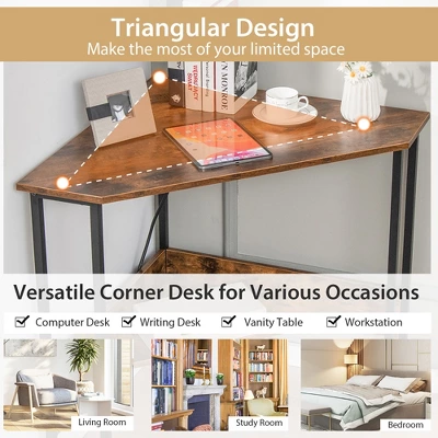 Costway Triangle Computer Desk Corner Desk Home Office With Power Outlets USB Ports Black/Rustic 6 Costway Triangle Computer Desk Corner Desk Home Office With Power Outlets USB Ports Black/Rustic - Image 4