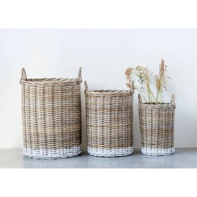 Set Of 3 Decorative Rattan Baskets With White Base And Handles Beige - Storied Home 4 Set Of 3 Decorative Rattan Baskets With White Base And Handles Beige - Storied Home - Image 2