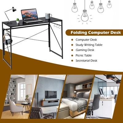 Costway Folding Computer Desk Writing Study Table W/6 Hooks Home Office BlackRustic BrowBrown Natural 5 Costway Folding Computer Desk Writing Study Table W/6 Hooks Home Office BlackRustic BrowBrown Natural - Image 3