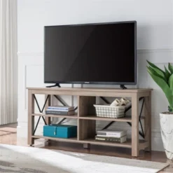 50" Open Back TV Stand In Gray Oak Wood With Metal Black Accents - Henn&Hart