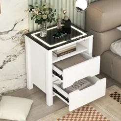 Multifunctional Storage Nightstand With Wireless Charging, Adjustable LED Light, 2 Drawers And 1 Open Shelf - ModernLuxe -HOMCOM Store GUEST 8e081067 4dd7 405d bfd3 1d8d261ce308