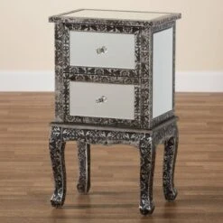 Wycliff Metal And Mirrored Glass 2 Drawer Nightstand Dark Gray/Silver - Baxton Studio -HOMCOM Store GUEST 915a4453 d21e 40d9 821b f9b1a5ad188c