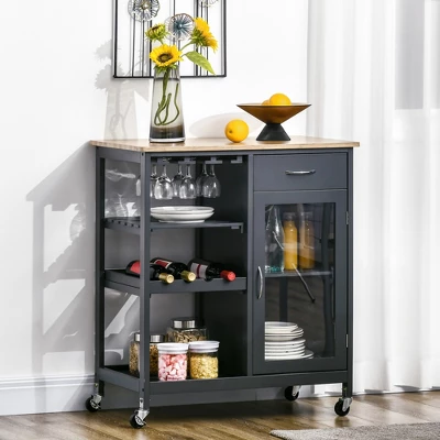 HOMCOM Utility Kitchen Cart, Rolling Kitchen Island Storage Trolley With Rack, Shelves, Drawer And Cabinet, Gray 4 HOMCOM Utility Kitchen Cart, Rolling Kitchen Island Storage Trolley With Rack, Shelves, Drawer And Cabinet, Gray - Image 2