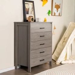 Costway Modern 5 Drawer Chest Storage Dresser Cabinet With Metal Handles Grey Oak -HOMCOM Store GUEST 96885bb2 8be2 4c40 94cd b156428134ba