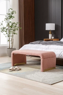 Lily 43.31" Faux Shearling Fabric Look Upholstered Waterfall Bench With Gold Metal Legs-Maison Boucle 17 Lily 43.31" Faux Shearling Fabric Look Upholstered Waterfall Bench With Gold Metal Legs-Maison Boucle - Image 15