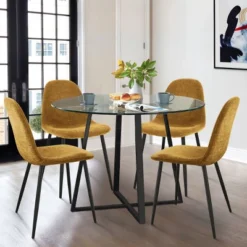 Hana + Spoon 5-Piece Round Clear Glass Dining Table Set With 4 Upholstered Chairs Black Legs For Home Kitchen Restaurant -The Pop Maison -HOMCOM Store GUEST 9afa67cd 3330 4f1d 9ab5 e5d84caedde6