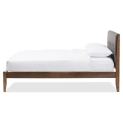 Leyton Mid-Century Modern Fabric Upholstered Platform Bed Gray/Walnut Brown - Baxton Studio