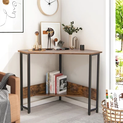 Costway Triangle Computer Desk Corner Desk Home Office With Power Outlets USB Ports Black/Rustic 10 Costway Triangle Computer Desk Corner Desk Home Office With Power Outlets USB Ports Black/Rustic - Image 8