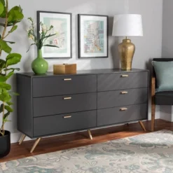 Kelson Wood 6 Drawer Dresser Dark Gray/Gold - Baxton Studio -HOMCOM Store GUEST adfff63d 9644 4f5c 950b 69b6fd9f9f83