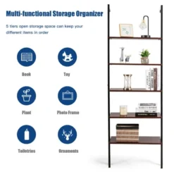 Costway 5-Tier Ladder Shelf Wood Wall Mounted Display Bookshelf Metal Frame Brown & Black/Brown & White/Bronze -HOMCOM Store GUEST af5ee4da 1b96 4028 acb7 98327579d146