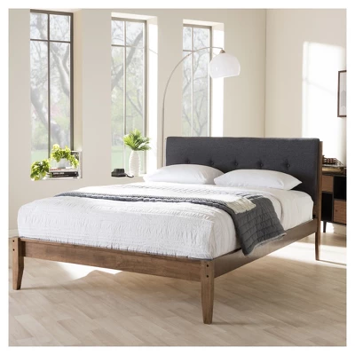 Leyton Mid-Century Modern Fabric Upholstered Platform Bed Gray/Walnut Brown - Baxton Studio 5 Leyton Mid-Century Modern Fabric Upholstered Platform Bed Gray/Walnut Brown - Baxton Studio - Image 3