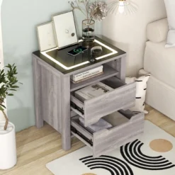 Multifunctional Storage Nightstand With Wireless Charging, Adjustable LED Light, 2 Drawers And 1 Open Shelf - ModernLuxe -HOMCOM Store GUEST b96df7d0 6595 4288 a913 7b7ee0395bd0